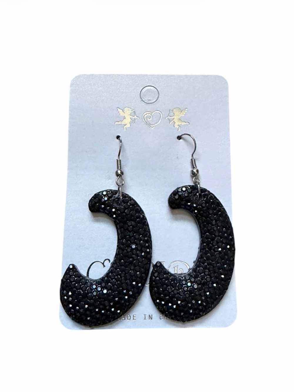 Black Pavé Rhinestone Crescent Hoop Dangle Earrings